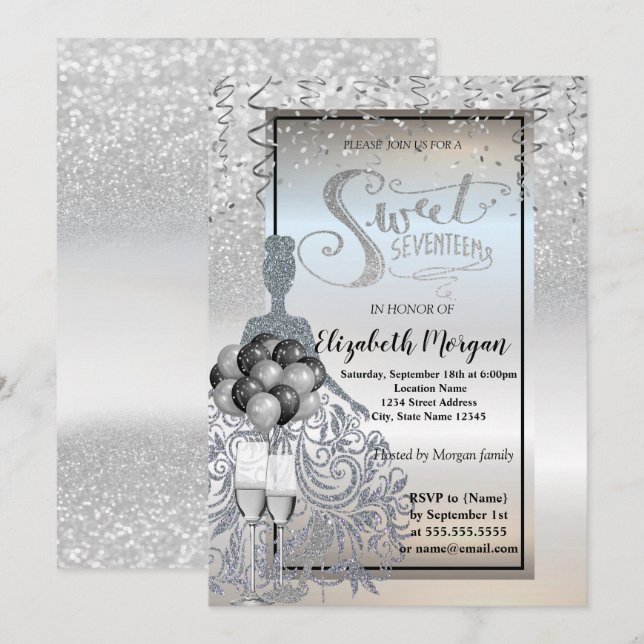 Silver Glitter Dress,Glass,Ballons Sweet 17  Invitation (Front/Back)