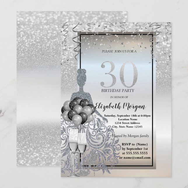 Silver Glitter Dress,Glass,Balloons 30th Birthday Invitation (Front/Back)