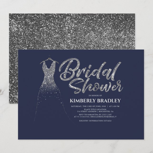 Silver Glitter Dress Navy Blue Bridal Shower Invitation (Front/Back)
