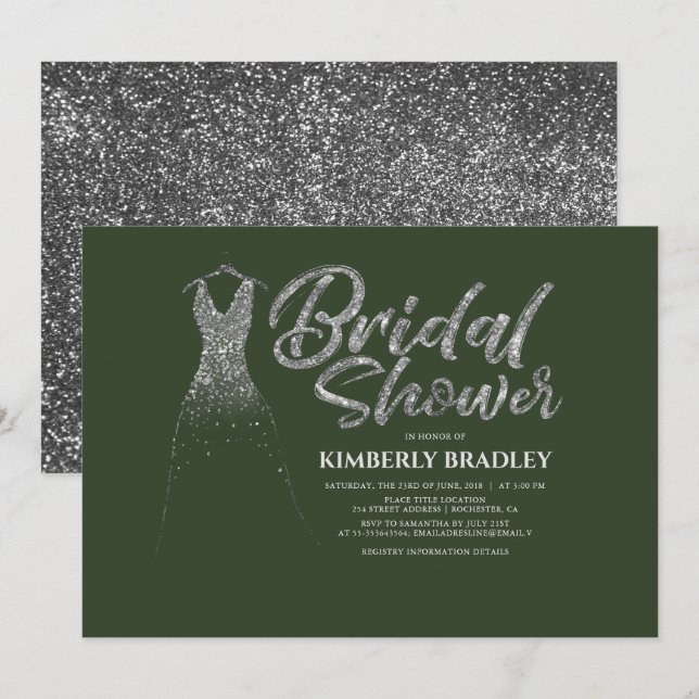 Silver Glitter Dress Olive Green Bridal Shower Invitation (Front/Back)
