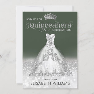 Silver glitter dress ombre tiara Quinceañera Inv Invitation