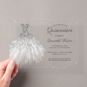 Silver Glitter Dress Script Quinceañera Party Acrylic Invitations