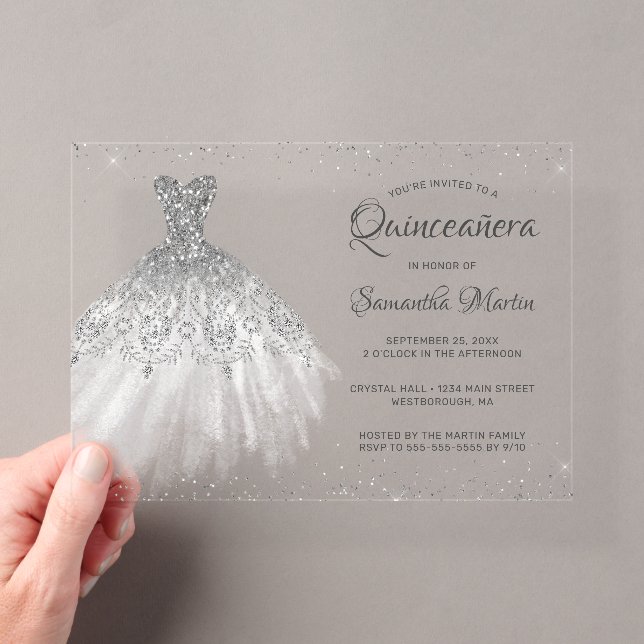 Silver Glitter Dress Script Quinceañera Party Acrylic Invitations (Insitu (Handheld))