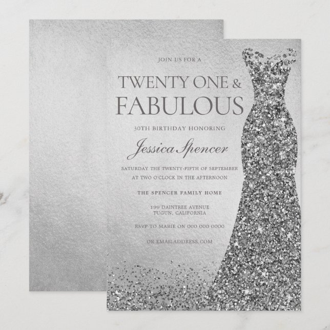 Silver Glitter Dress Womans 21st Birthday Party Invitation (Front/Back)