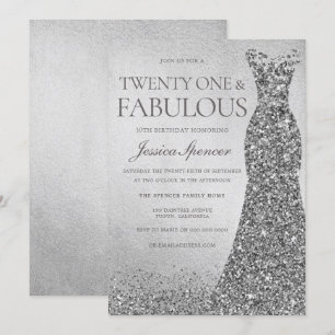 Silver Glitter Dress Womans 21st Birthday Party Invitation