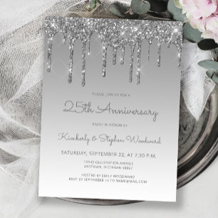 Silver Glitter Drip 25th Anniversary Invitation Postcard