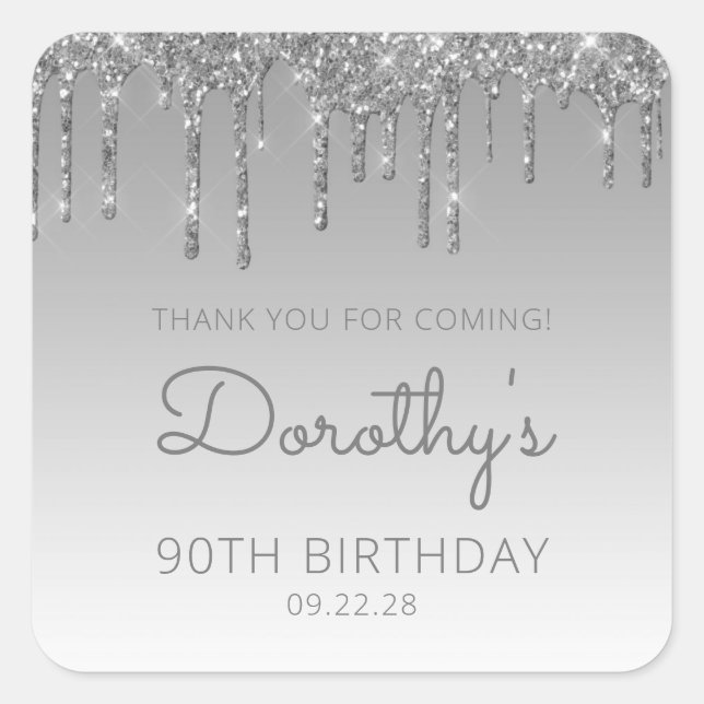 Silver Glitter Drip 90th Birthday Party Thank You Square Sticker (Front)