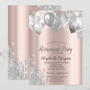 Silver Glitter Drip Balloons Rose Gold Retirement Invitation