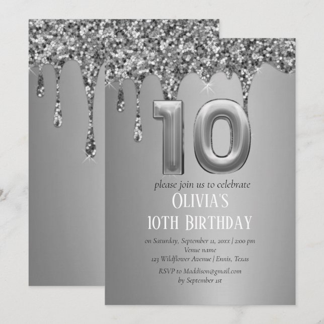 Silver Glitter Drip Girl Girly 10th Birthday  Invitation (Front/Back)