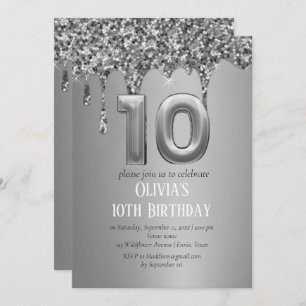Silver Glitter Drip Girl Girly 10th Birthday Invitation