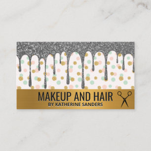 Silver Glitter Drip / Gold Polka Dot Pattern Business Card