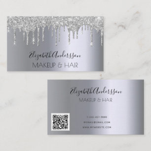 Silver glitter drip makeup hair QR code Business Card