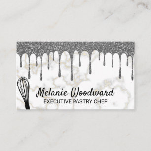 Silver Glitter Drip Marble and Whisk Business Card