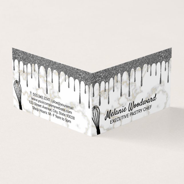 Silver Glitter Drip | Marble | Chef Whisk Business Card (Outside)