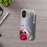 Silver glitter drip metallic burgundy flowers name iPhone 16 case<br><div class="desc">Faux silver glitter drip,  paint drip look on a faux silver metallic looking background. Burgundy and rose gold coloured Flowers. Template for Your name.  The name in light grey is written with a modern and trendy hand lettered style script.</div>