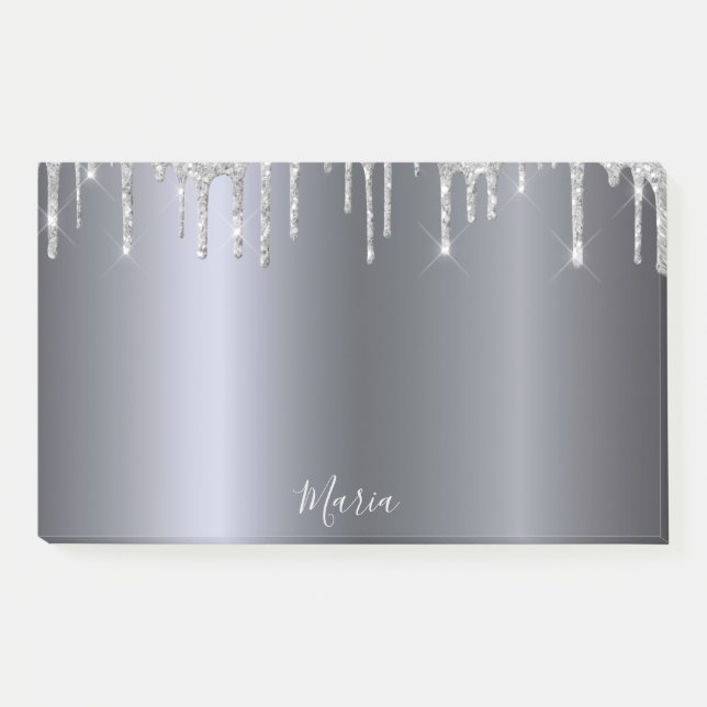 Silver glitter drip name script post-it notes (Front)
