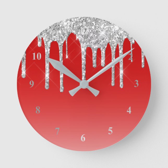 Silver Glitter Drip Red Background Round Clock (Front)