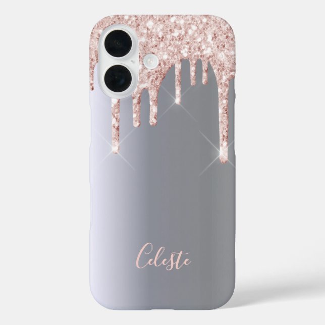 Silver glitter drip rose gold pink name Case-Mate iPhone case (Back)