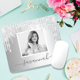 Silver glitter drip sparkle photo name script mouse pad