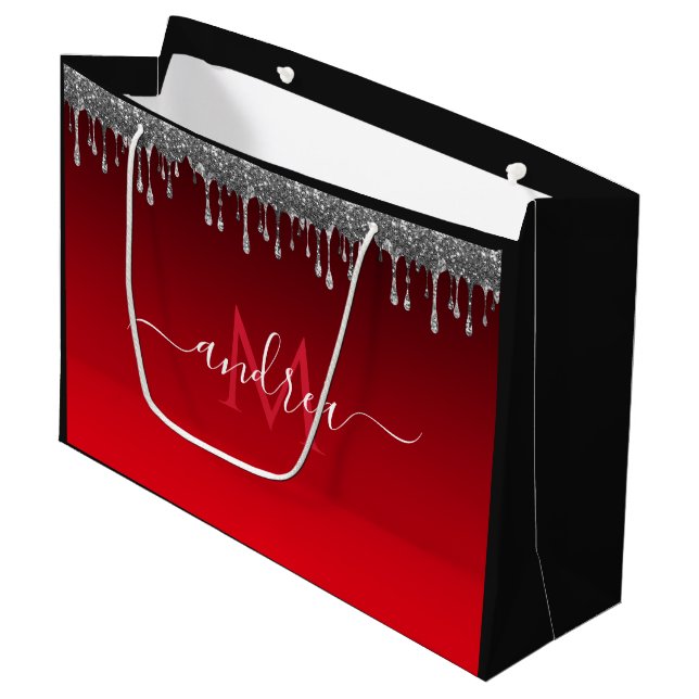Silver Glitter Dripping Glam Red Monogram & Name  Large Gift Bag (Front Angled)