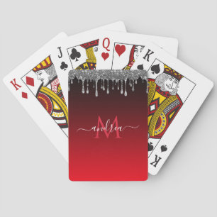 Silver Glitter Dripping Glam Red Monogram & Name Playing Cards