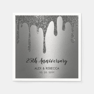 Silver Glitter Drips 25th Wedding Anniversary  Napkin