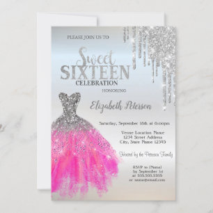 Silver Glitter Drips,Adorable Dress Sweet 16 Invitation