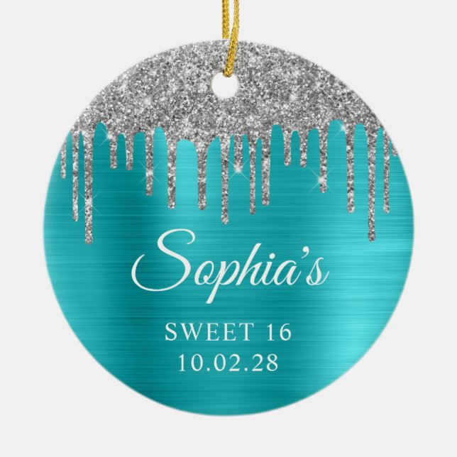 Silver Glitter Drips Aqua Blue Sweet 16 Photo Ceramic Ornament (Front)
