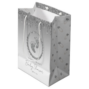 Silver Glitter Drips Baby Shower Feet  Medium Gift Bag