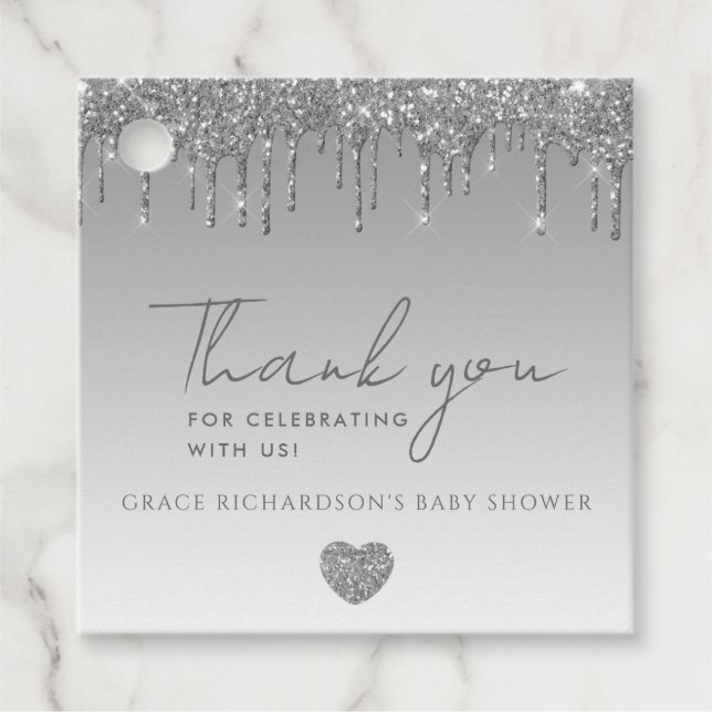 Silver Glitter Drips Baby Shower Thank You Tag  (Front)
