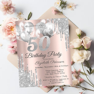 Silver Glitter Drips Balloons 50th Birthday Party Invitation