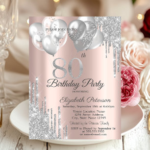 Silver Glitter Drips Balloons 80th Birthday Invitation