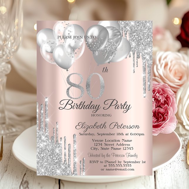 Silver Glitter Drips Balloons 80th Birthday  Invitation (Creator Uploaded)