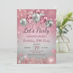 Silver Glitter Drips Balloons Birthday Invitation