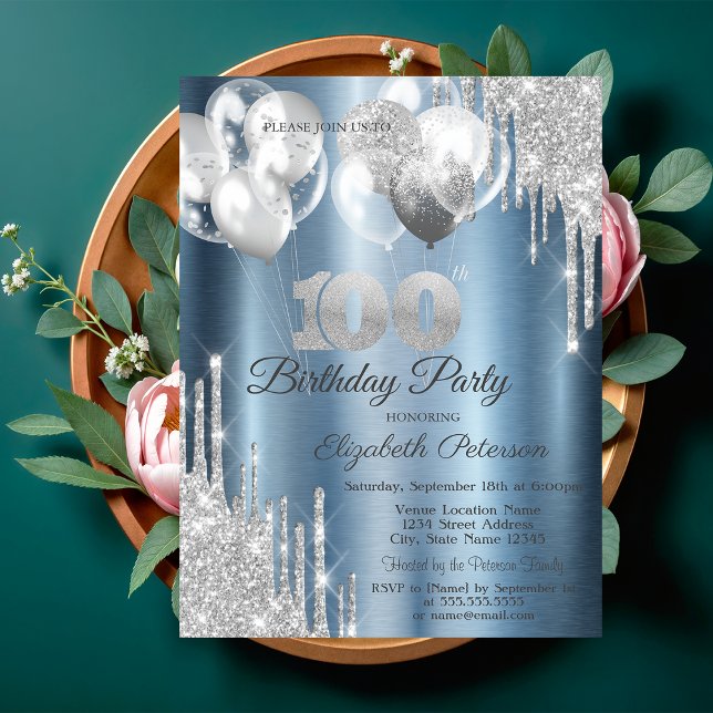 Silver Glitter Drips Balloons Blue Metallic 100th  Invitation (Creator Uploaded)