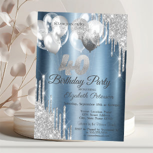 Silver Glitter Drips Balloons Blue Metallic 40th  Invitation