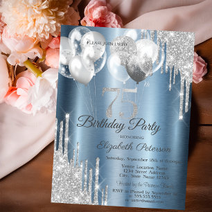 Silver Glitter Drips Balloons Blue Metallic 75th  Invitation