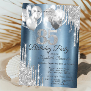 Silver Glitter Drips Balloons Blue Metallic 85th  Invitation
