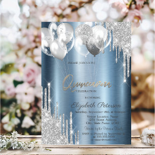 Silver Glitter Drips Balloons Blue Quinceanera Invitation