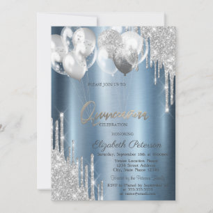 Silver Glitter Drips Balloons Blue Quinceanera Invitation