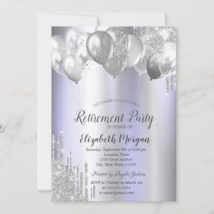 Silver Glitter Drips Balloons Violet Retirement Invitation