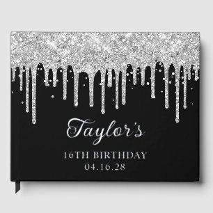 Silver Glitter Drips Black 16th Birthday Guest Book