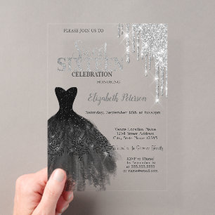 Silver Glitter Drips,Black Dres Sweet 16 Acrylic Invitations