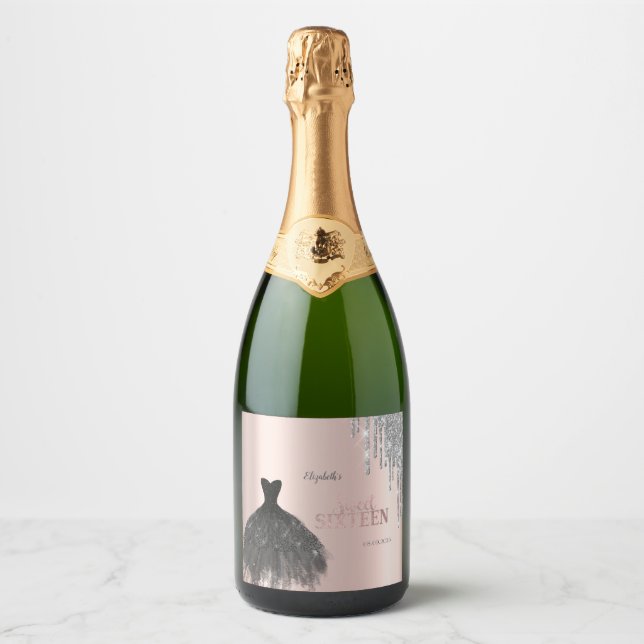 Silver Glitter Drips Black Dress Sweet 16 Sparkling Wine Label (Front)