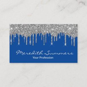 Silver Glitter Drips Blue Customize Glitter Business Card
