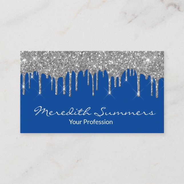 Silver Glitter Drips Blue  Customize Glitter Business Card (Front)