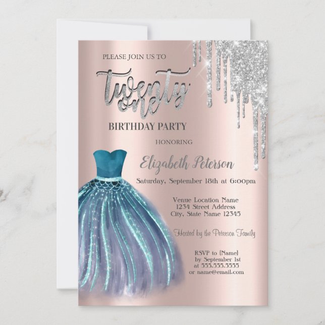 Silver Glitter Drips, Blue Dress  21st Birthday Invitation (Front)