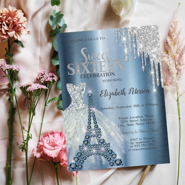 Silver Glitter Drips,Blue Dress Eiffel Tower Invitation (Creator Uploaded)