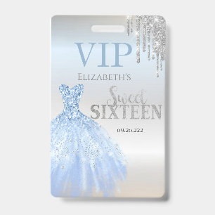Silver Glitter Drips,Blue Dress Silver Sweet 16 Badge