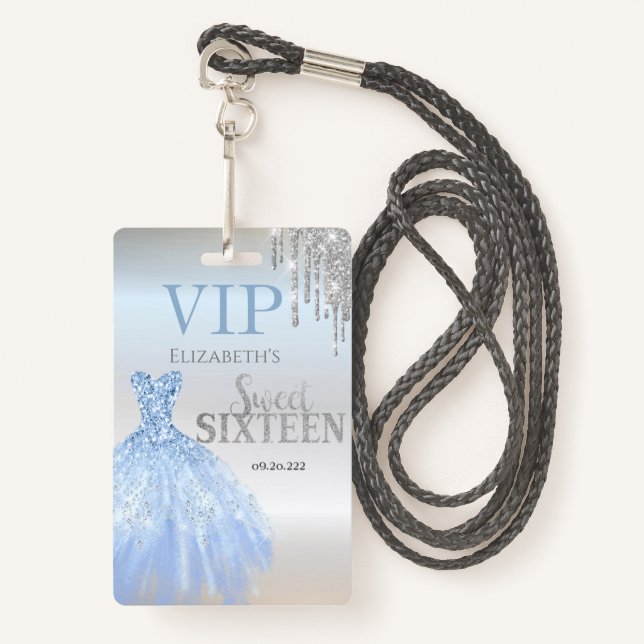Silver Glitter Drips,Blue Dress Silver Sweet 16   Badge (Front with Lanyard)